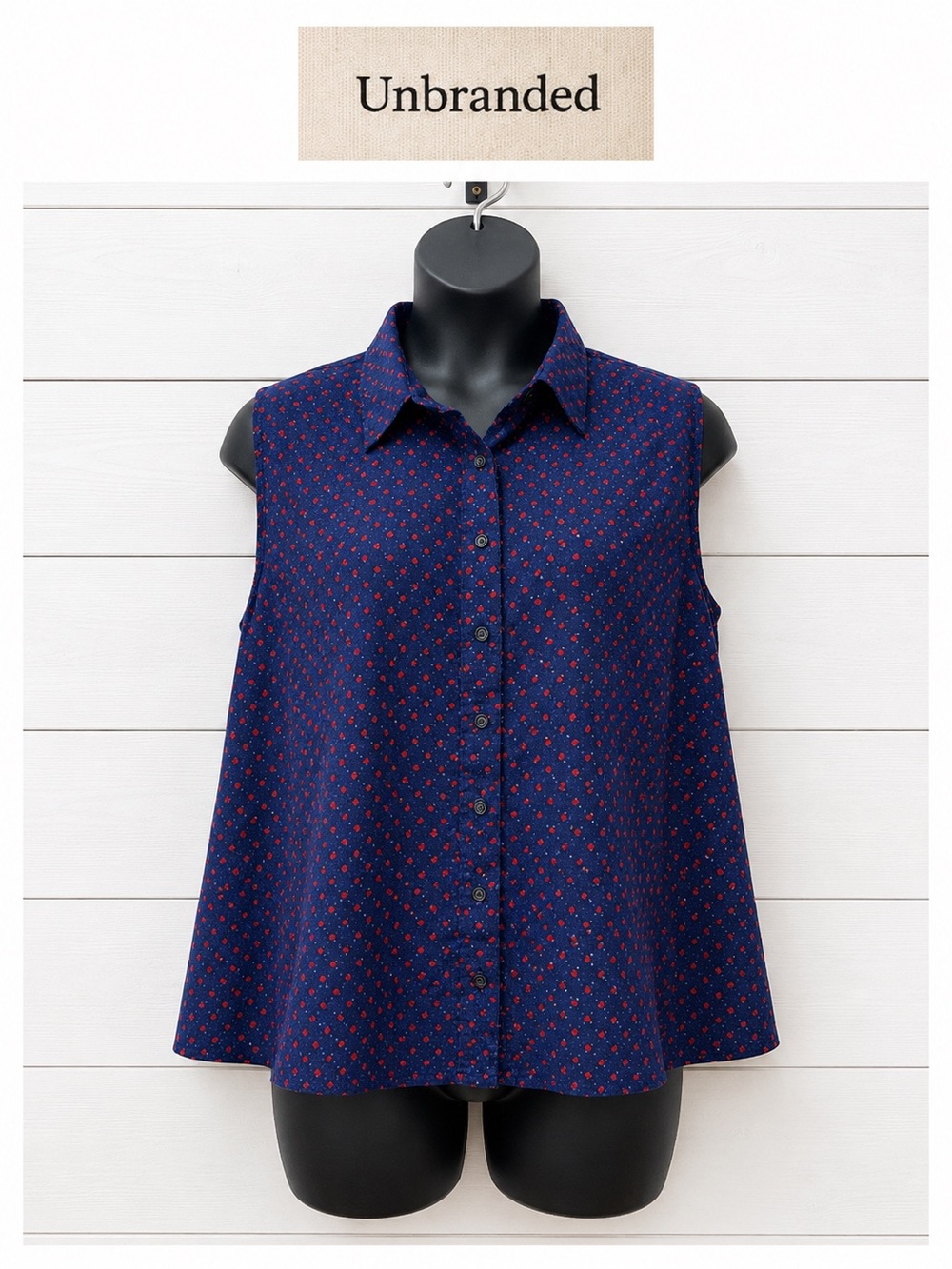 Vintage Navy Apple Print Sleeveless Blouse Size XL